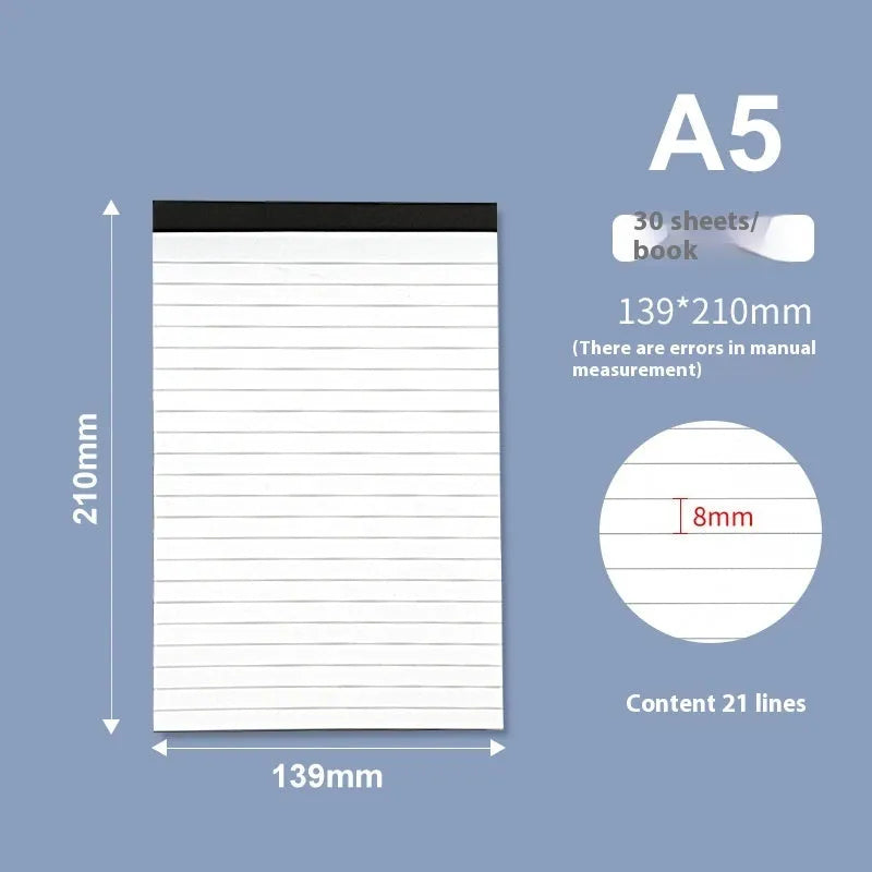 A4 size tearable notebook with ivory grid paper and a simple paper cover, shown next to an A5 size option.