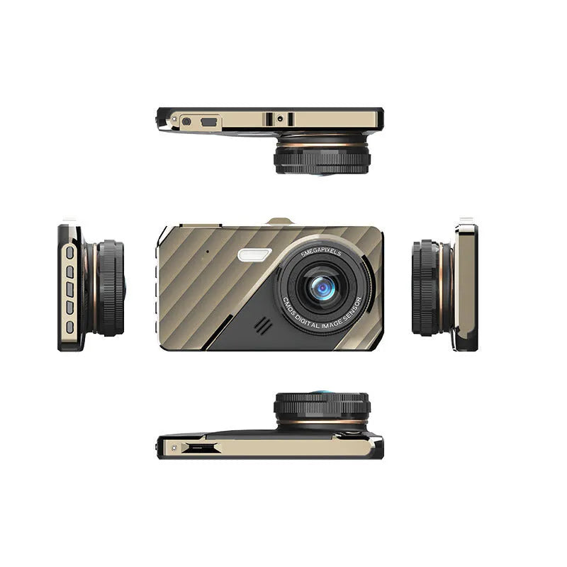 4 inch front and rear dual lens dashcam with touch screen, 170° angle, and night vision