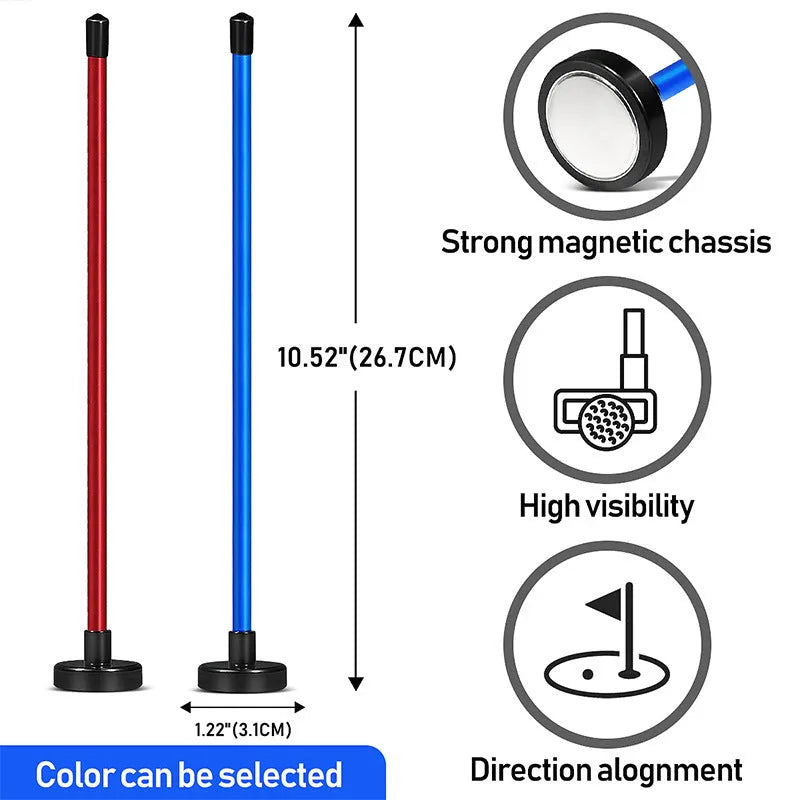 Red and blue aluminium alloy golf swing trainer with magnetic direction bar.