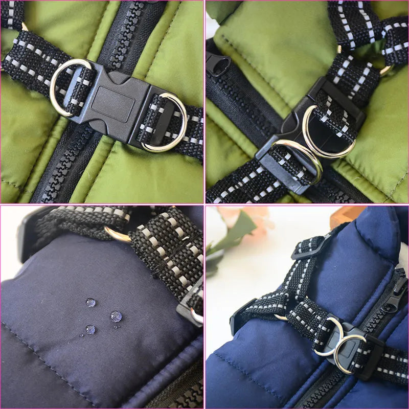 Waterproof dog coat in rain silk fabric with a harness hole, shown in red, navy blue, and army green.