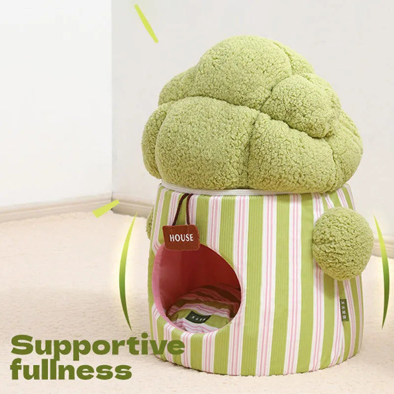 Creative cauliflower tree hole enclosed pet bed in plush material for cats and small dogs, green colour