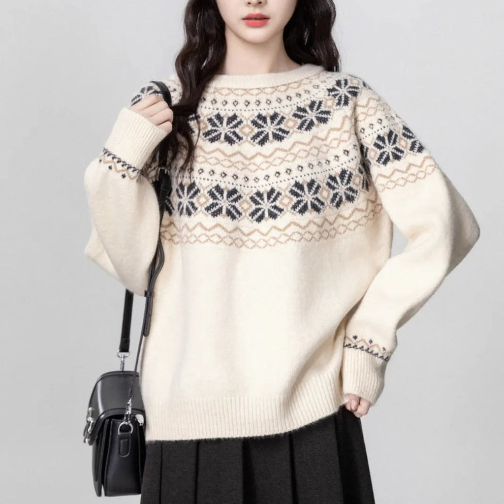 Women's milky white fair isle geometric pattern crew neck pullover sweater