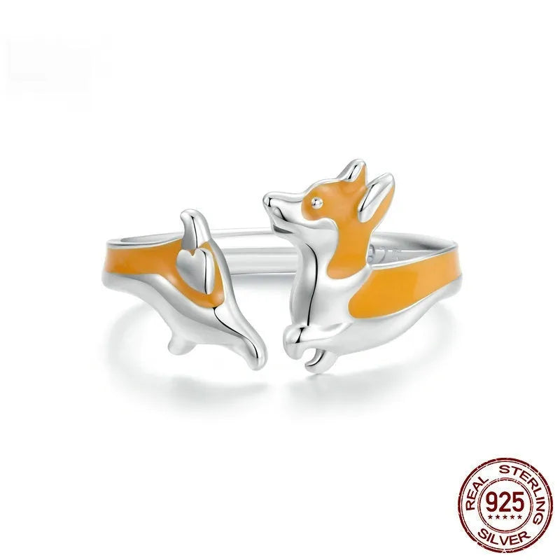 Silver cartoon corgi pet ring with electroplated finish for women's wear