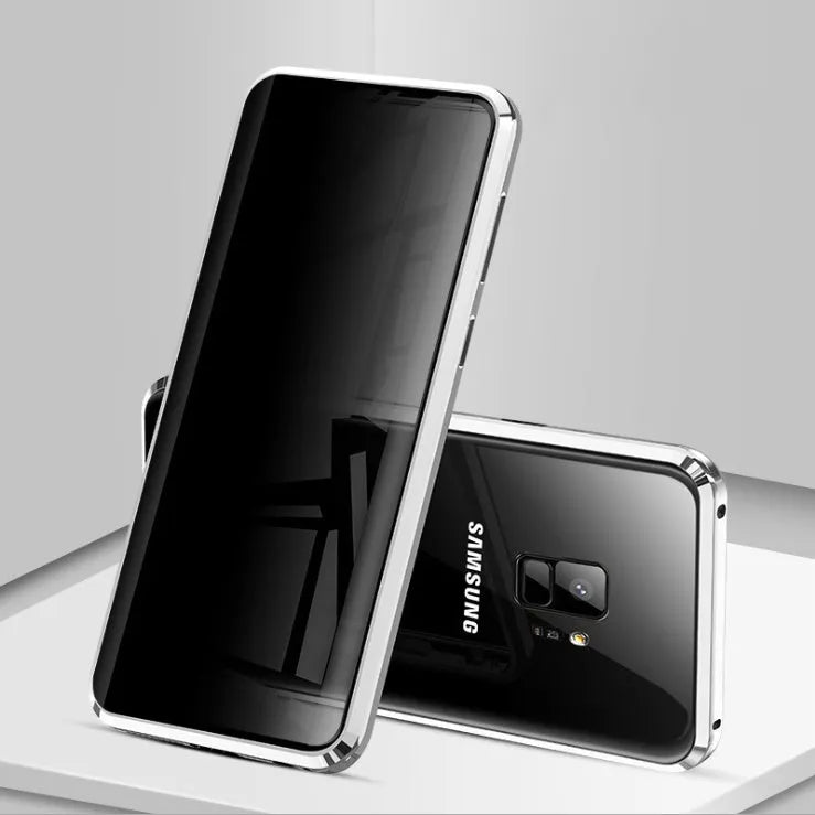 Black anti-peeping magnetic clamshell phone case for Samsung Galaxy smartphones shown closed.