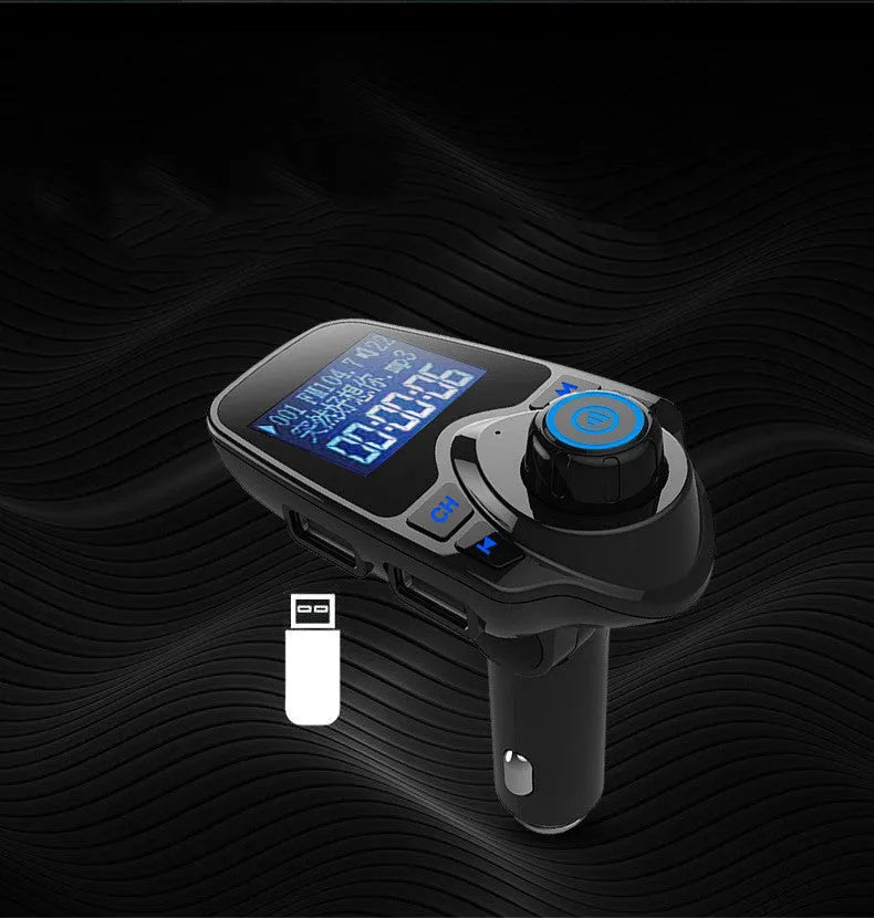 Black G7 car Bluetooth hands-free FM transmitter with USB port and card slot plugged into a 12V socket.