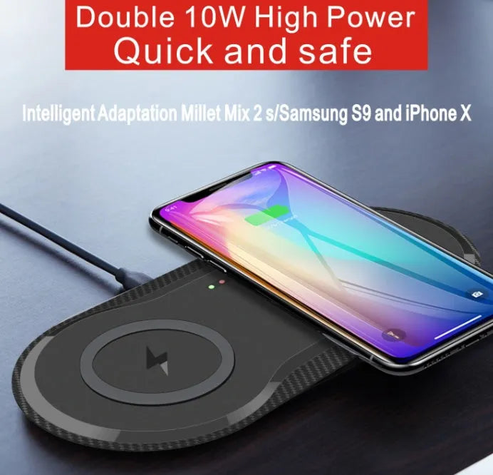 Black and white dual wireless charging pad for two phones with Qi fast charging compatibility