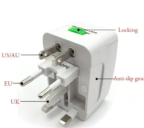 Compact universal travel plug adapter for mobile phones, dimensions 73mm by 50mm by 39mm.