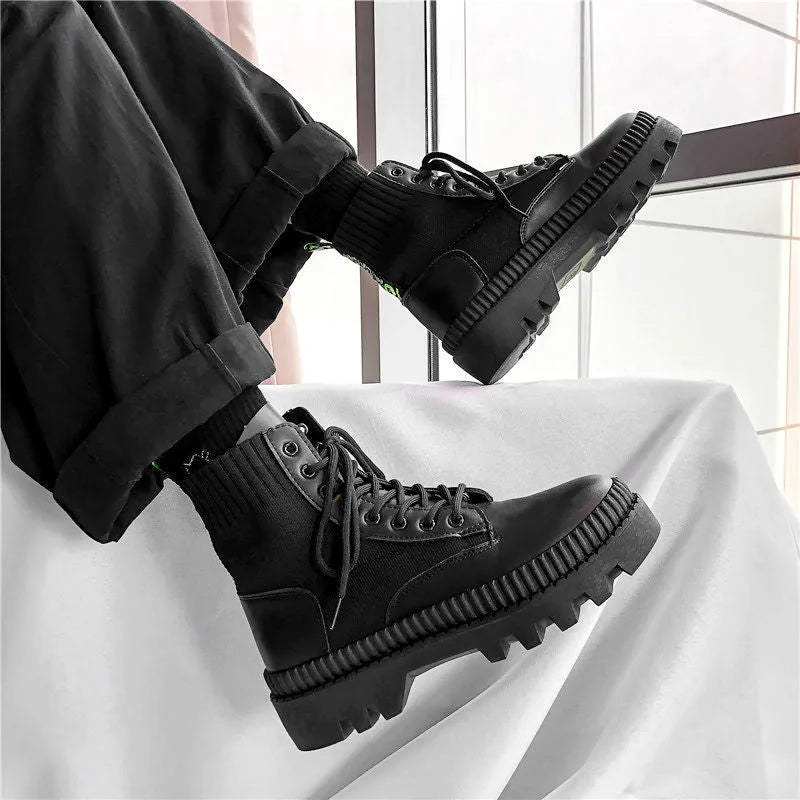 Men's black Dr Martens platform boots with a side zip on frosted cowhide leather.