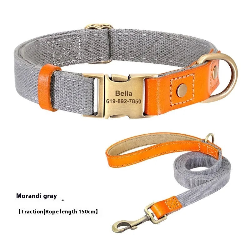 Small mohair dog collar and leash set in green with embroidered lettering, shown on a size tag.
