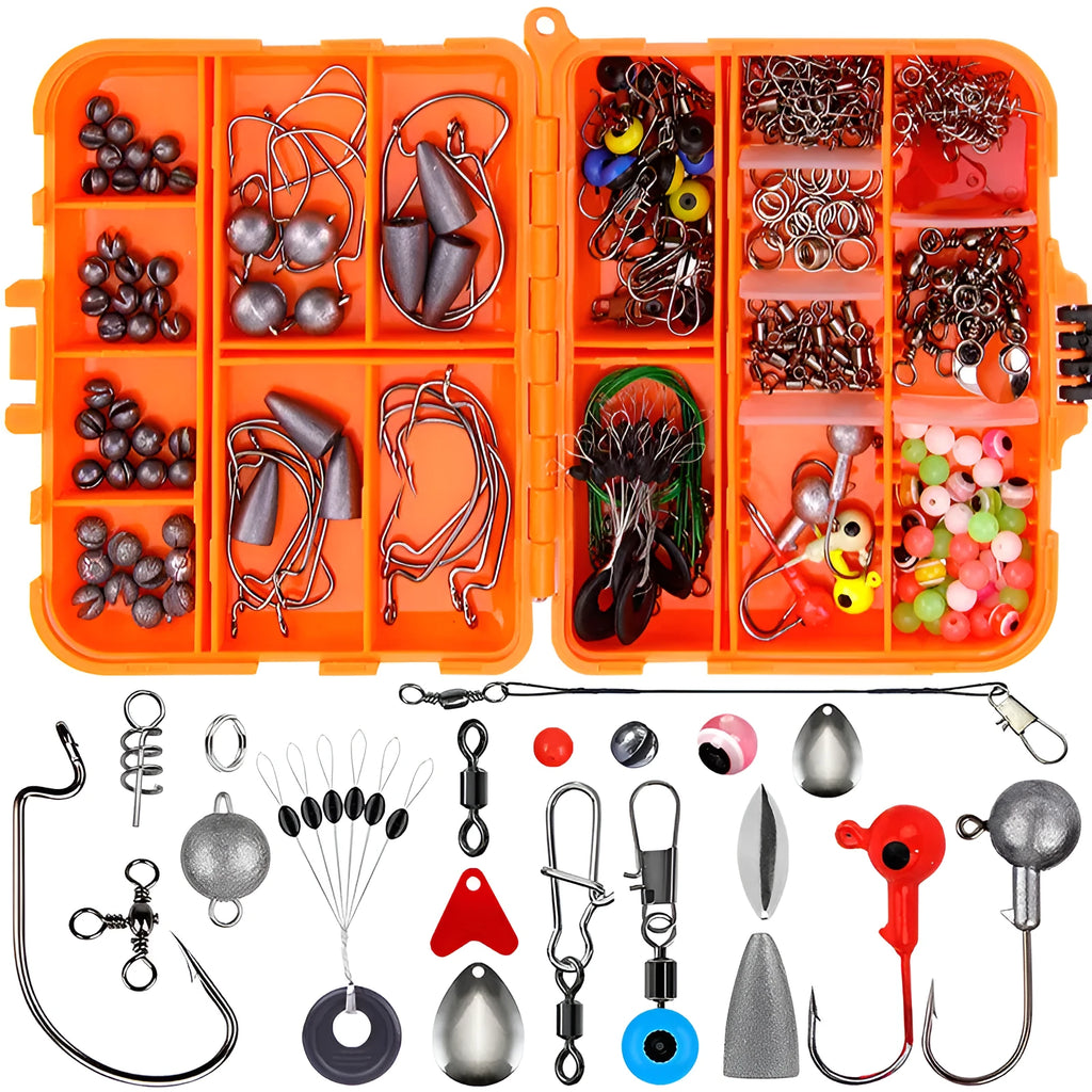 Weihe 257-piece fishing lure accessories set in orange ABS storage box