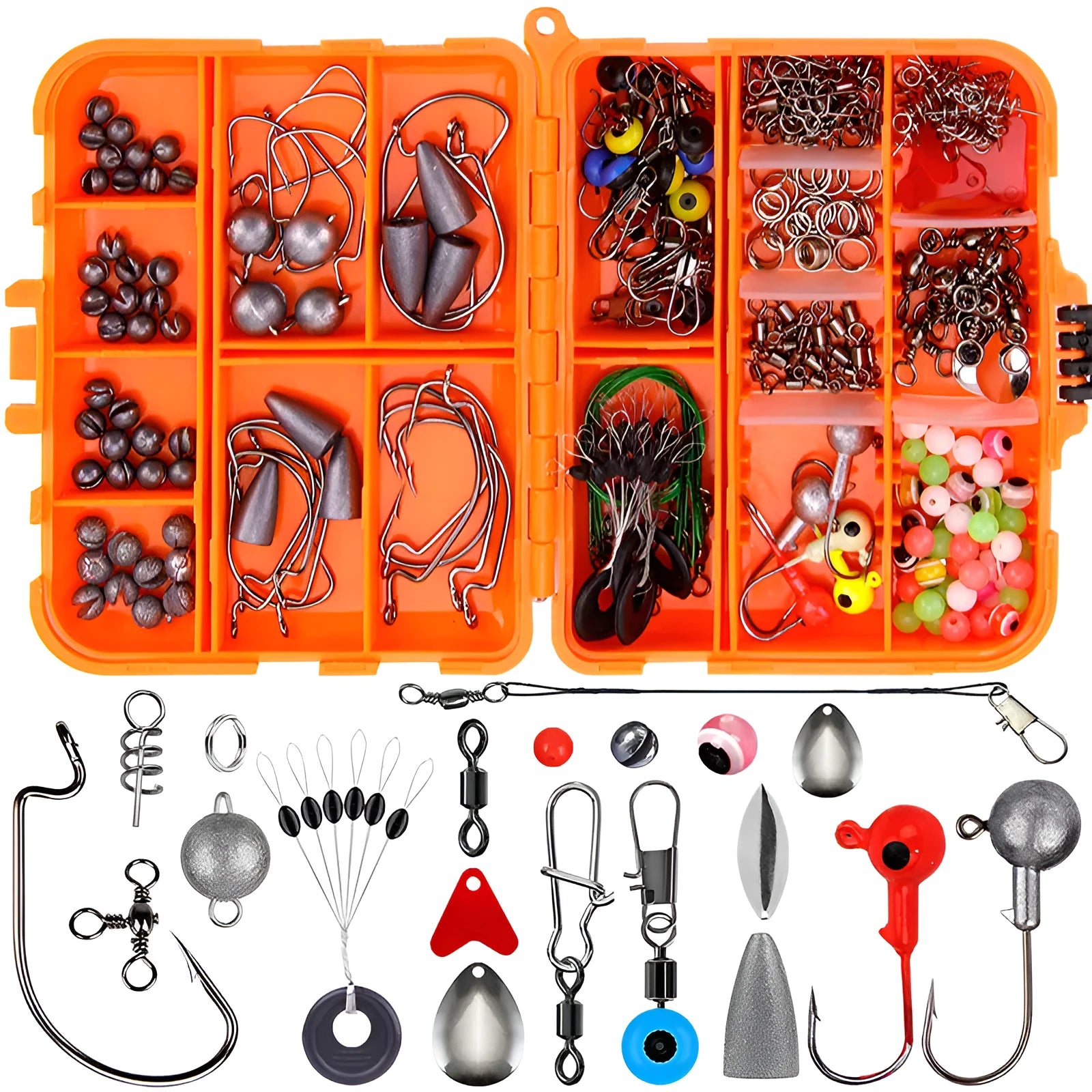 Weihe 257-piece fishing lure accessories set in orange ABS storage box