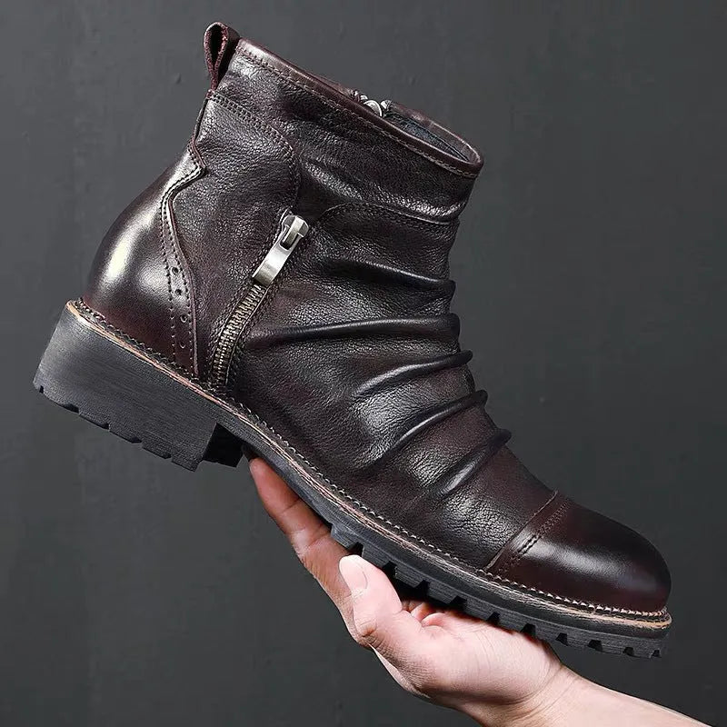 Black PU leather cowboy boots with side zipper and a mid-level heel.