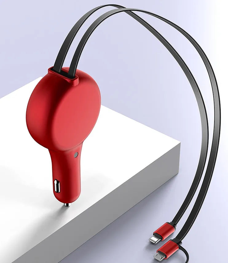 Black retractable car charger with extended cables showing QC3.0 and PD charging ports