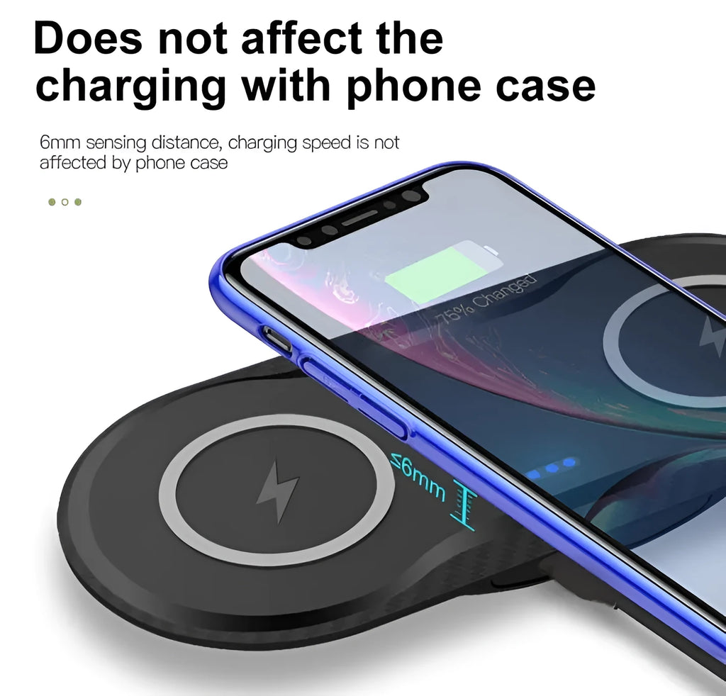 Black and white dual wireless charging pad for two phones with Qi fast charging compatibility