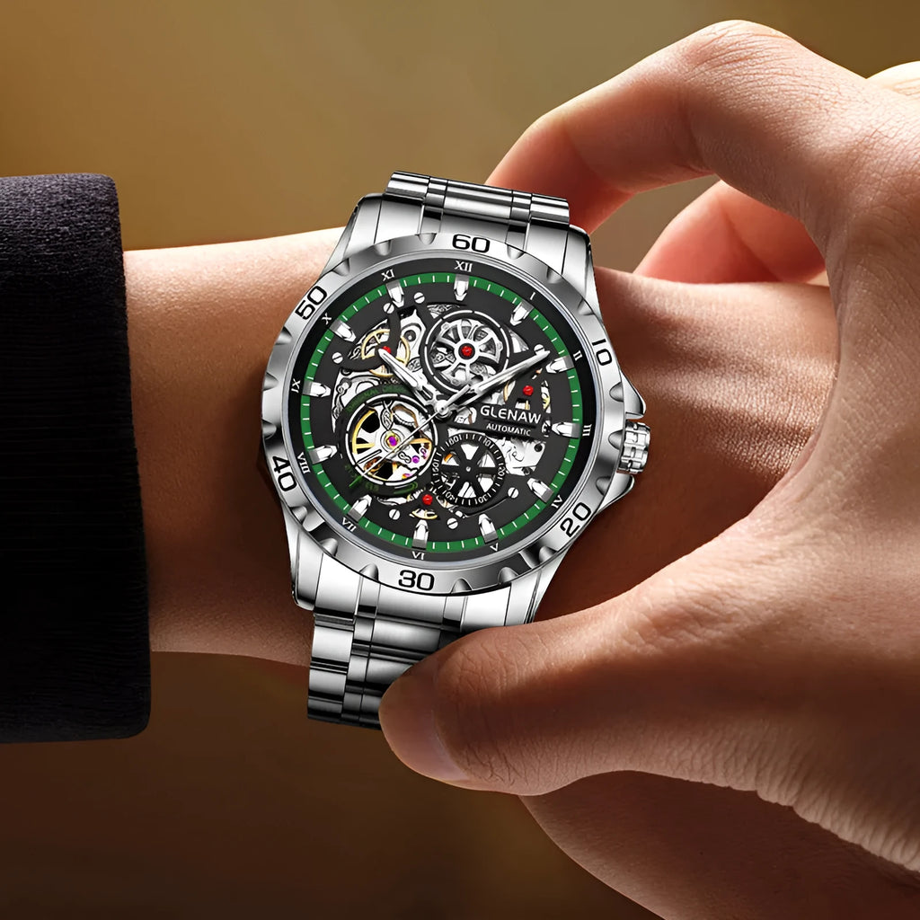 Men's automatic mechanical watch with hollow-out design showing movement through transparent case back
