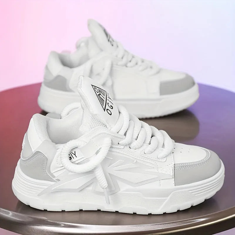 Men's white chunky Harajuku-style sneakers with thick rubber sole and lace-up front.