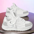 Men's white chunky Harajuku-style sneakers with thick rubber sole and lace-up front.