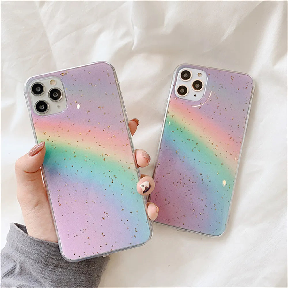 Rainbow gradient TPU phone case with striped design for iPhone models