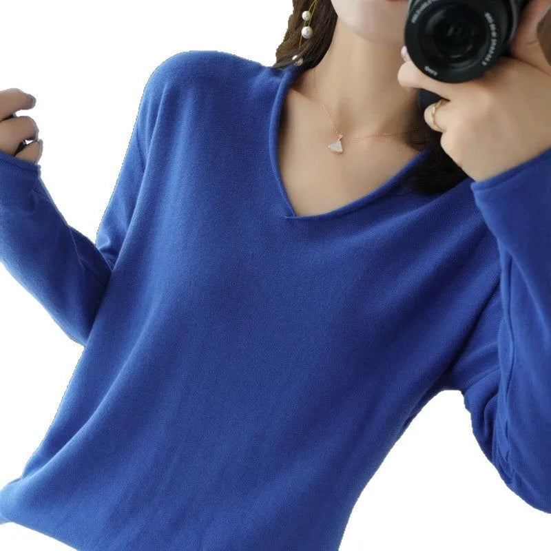 Women's V-neck long sleeve knitwear top in turmeric colour, pullover style, non-iron fabric