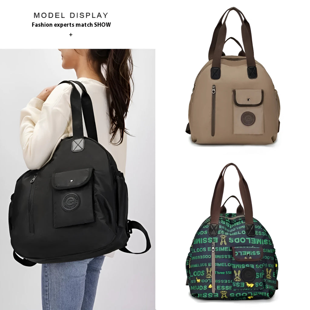 Women's outdoor backpack in black colour showing sandwich pocket design and large main compartment