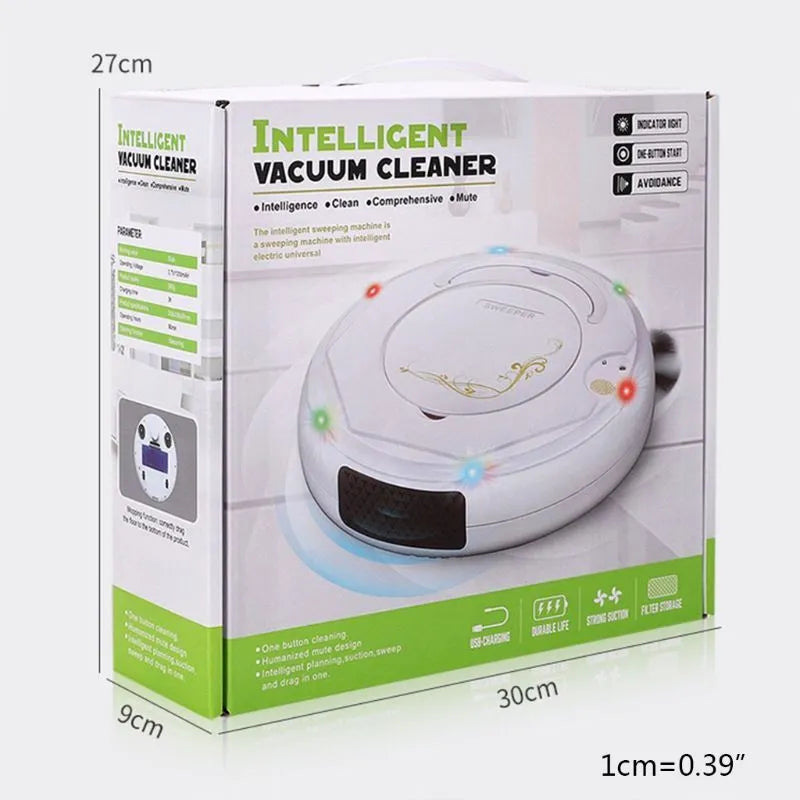 Blue robotic floor cleaning vacuum cleaner on a wooden floor.