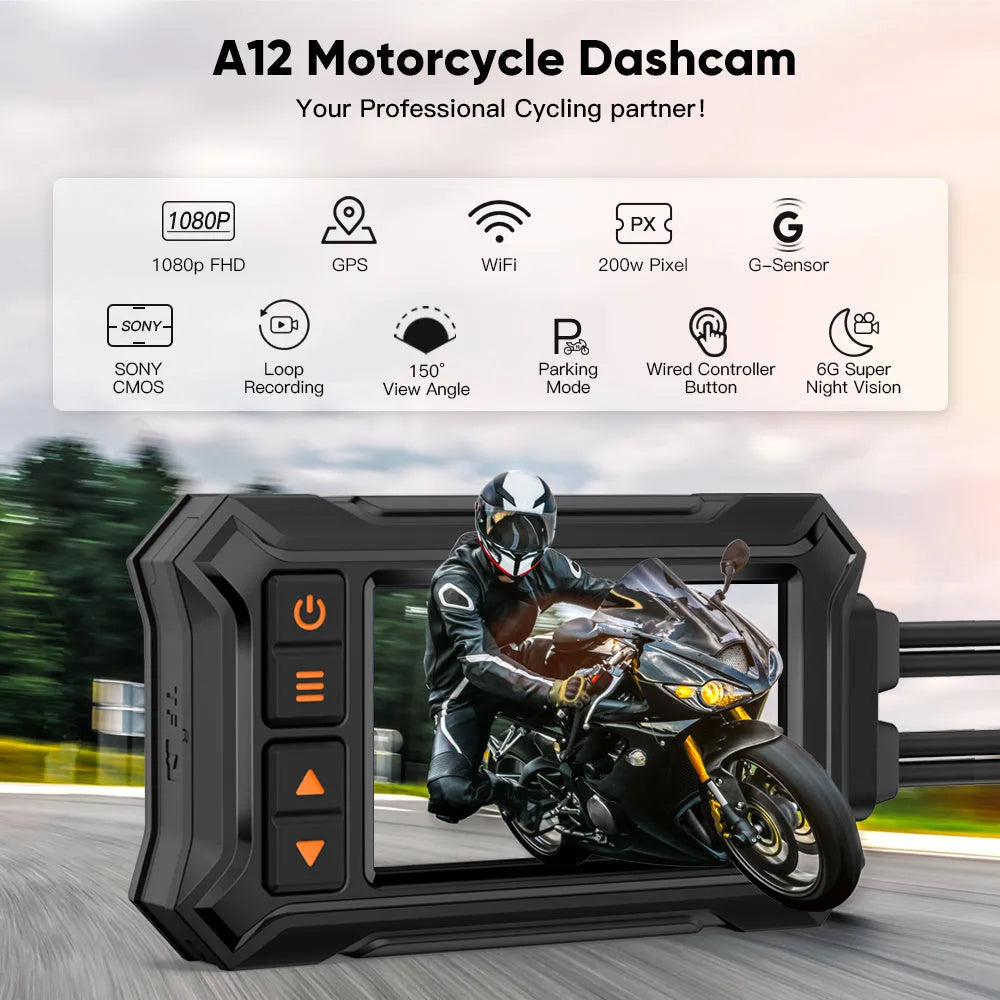 Motorcycle GPS tachograph recorder with dual lenses for front and rear 1080P recording