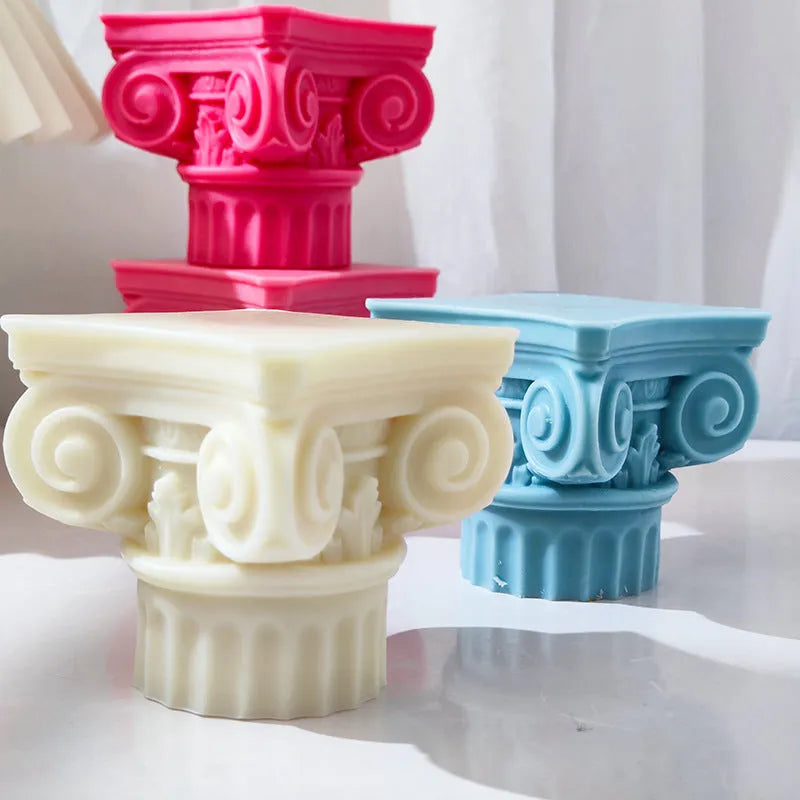Flexible silicone Roman pillar mould for candles, chocolate, and plaster crafts.