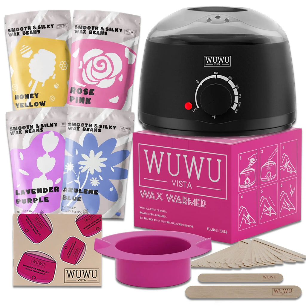 27-piece hypoallergenic waxing kit with wax warmer, four coloured wax bead jars, and applicator sticks for face and body hair removal