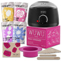 27-piece hypoallergenic waxing kit with wax warmer, four coloured wax bead jars, and applicator sticks for face and body hair removal