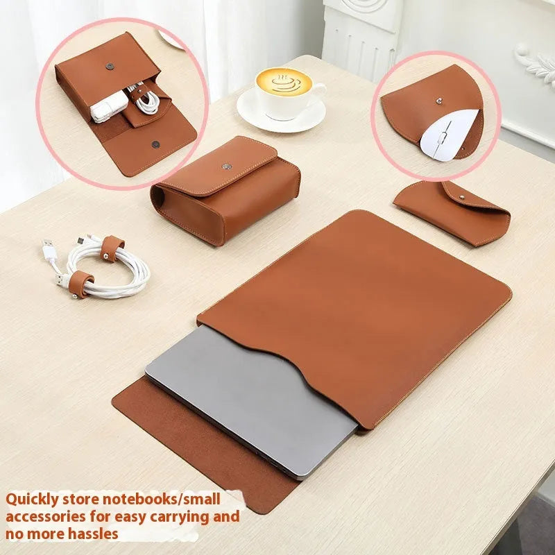 Four-piece set of brown imitation leather lock edge laptop liner bags for MacBook protection.