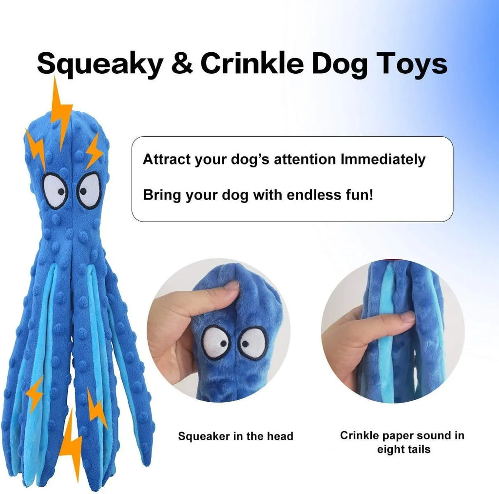 Blue dog squeaky toy octopus no stuffing crinkle plush on white background
