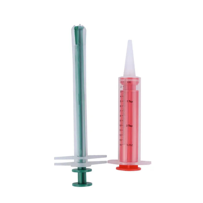 Two silicone pet pill shooters with soft tips for administering medication to cats and dogs