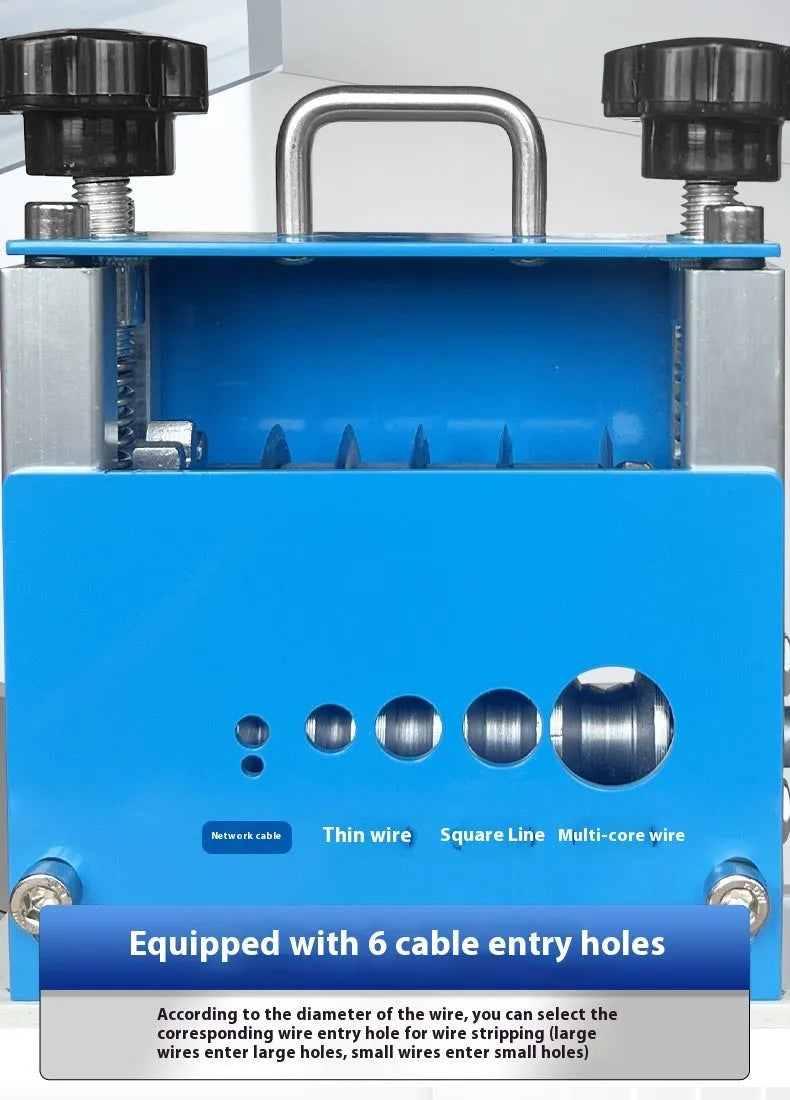 SD-017 manual wire stripping machine on a workbench, compact tool for stripping cables from 0.5mm to 17mm diameter.