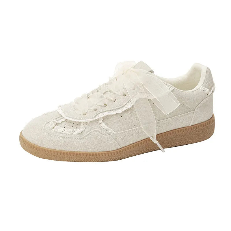 Women's Korean-style ugly-cute training shoes in gray solid colour, low top, front lace-up, natural rubber sole