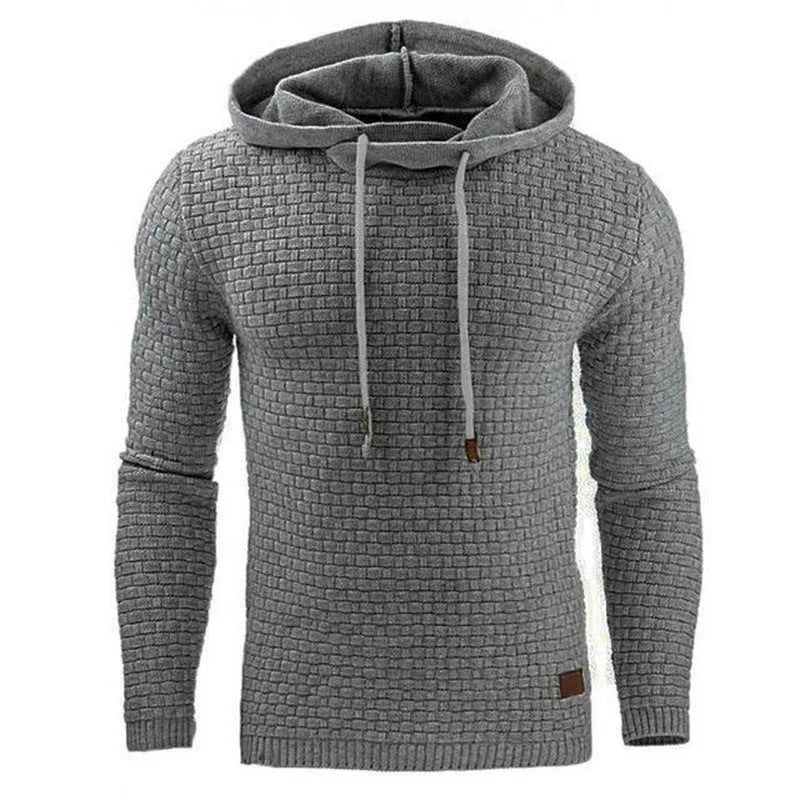 Men's black cotton polyester blend hooded sweater laid flat, showing the front design and hood.