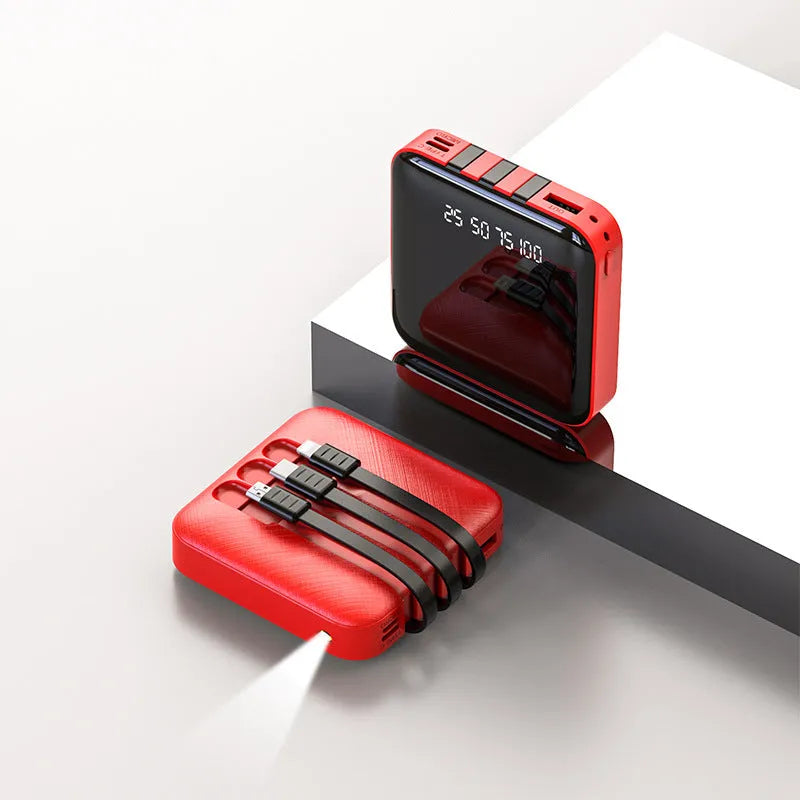 Black or red power bank with built-in charging cable, showing compact 80mm size.