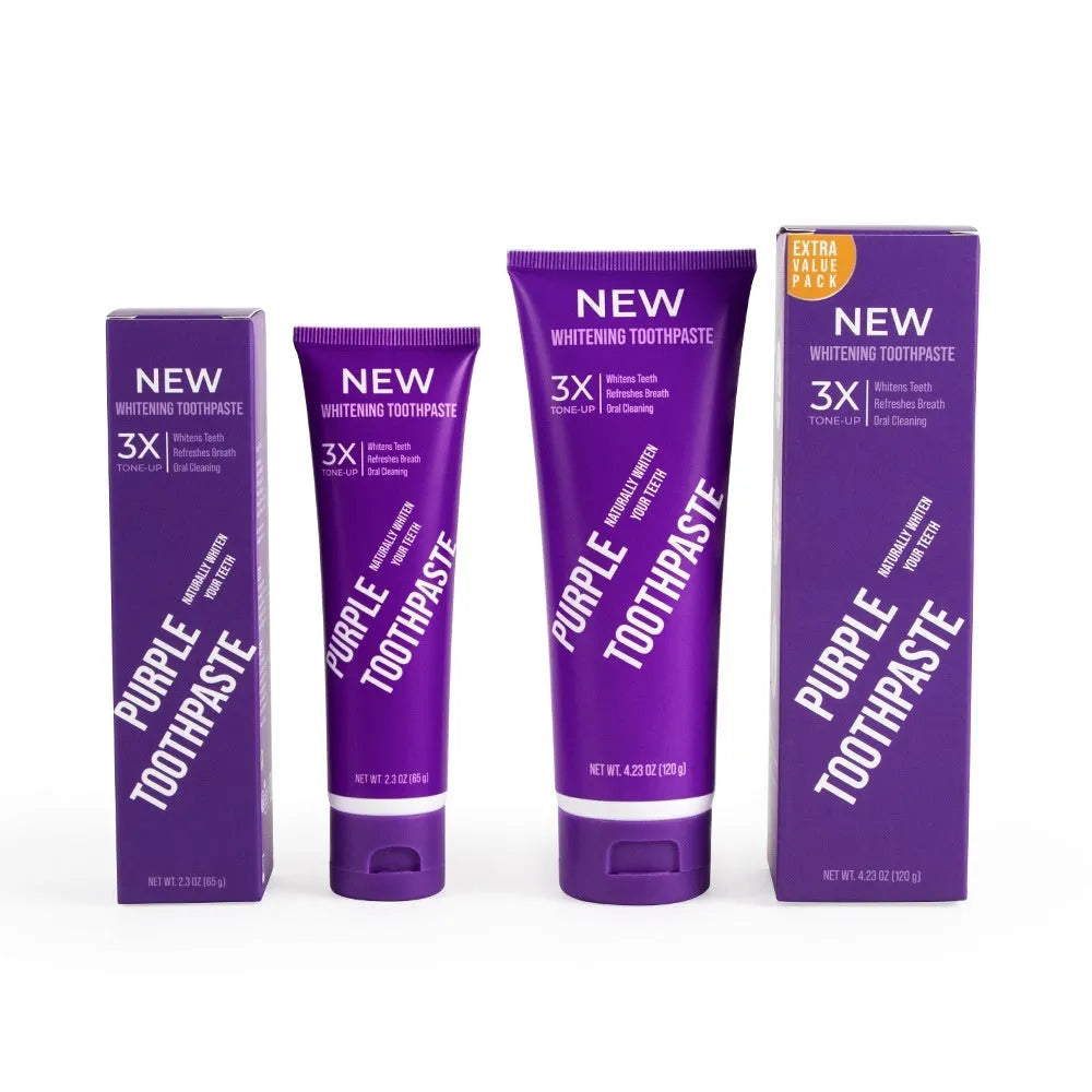 Purple whitening toothpaste tube for removing yellow stains from adult teeth, available in 120g and 65g sizes