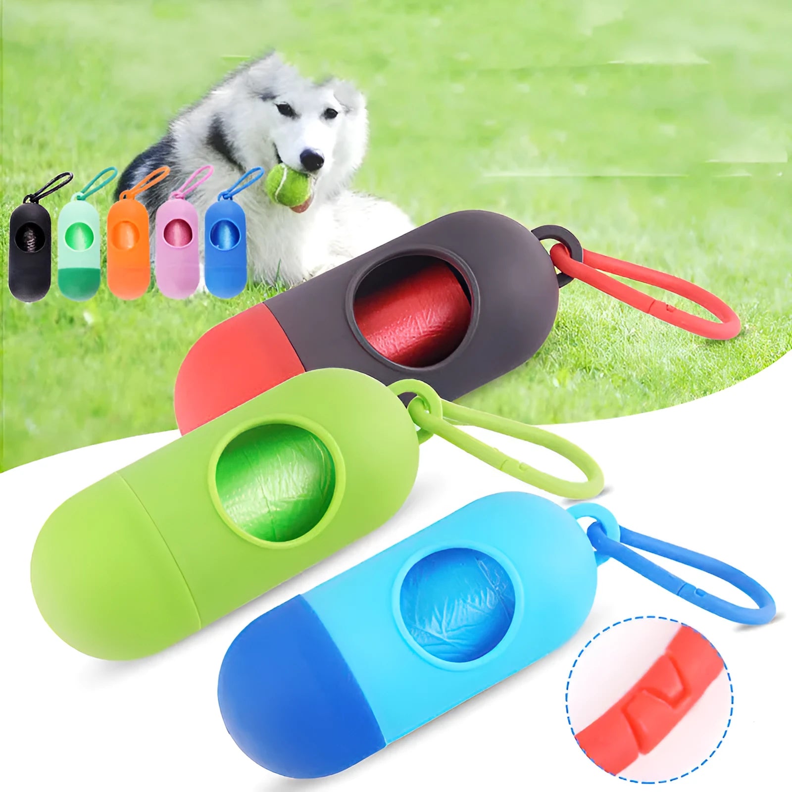 A compact black dog poo bag holder with a side hook and a Velcro strap at the bottom.
