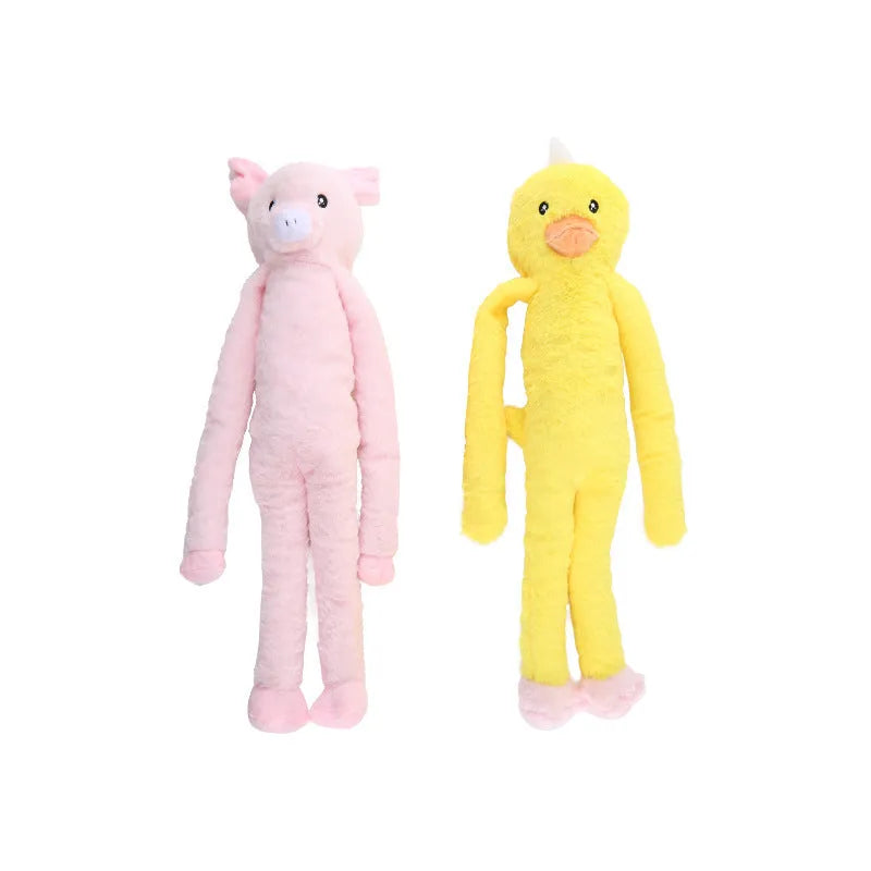 Plush interactive dog toy with rattle and crinkly paper for large breeds, available in pink and yellow
