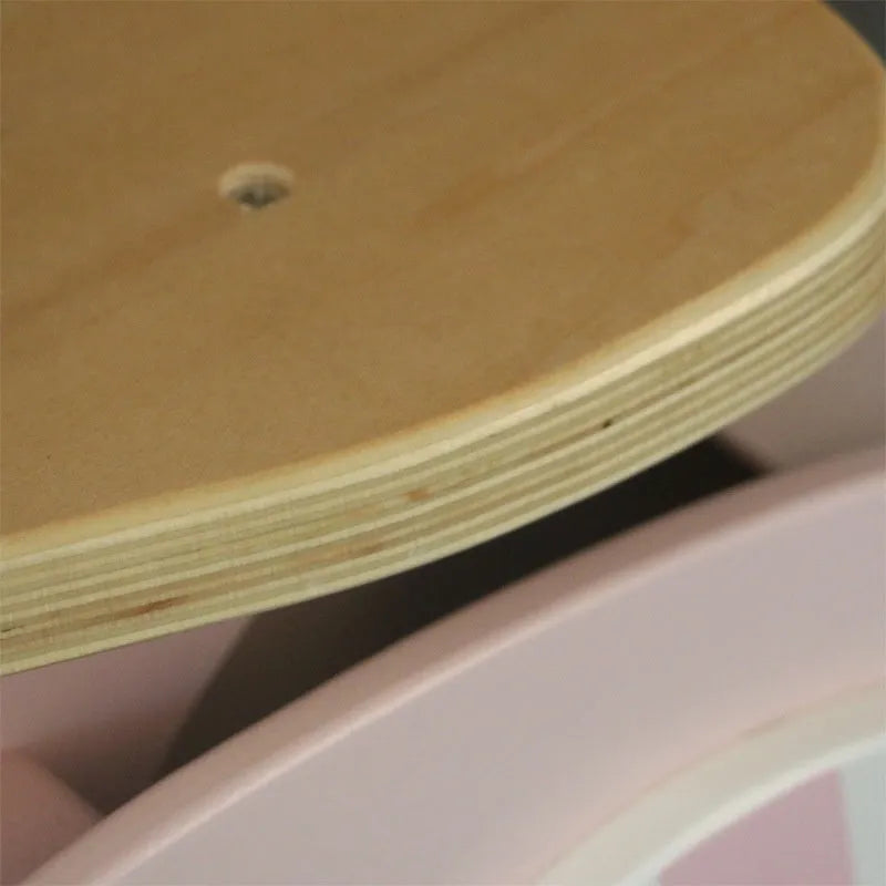 Pink wooden balance scooter for toddlers aged 1-6 years, 10 inches in size.