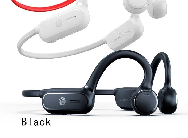 Black air conduction wireless earphone with ear-hooking design and touch controls.