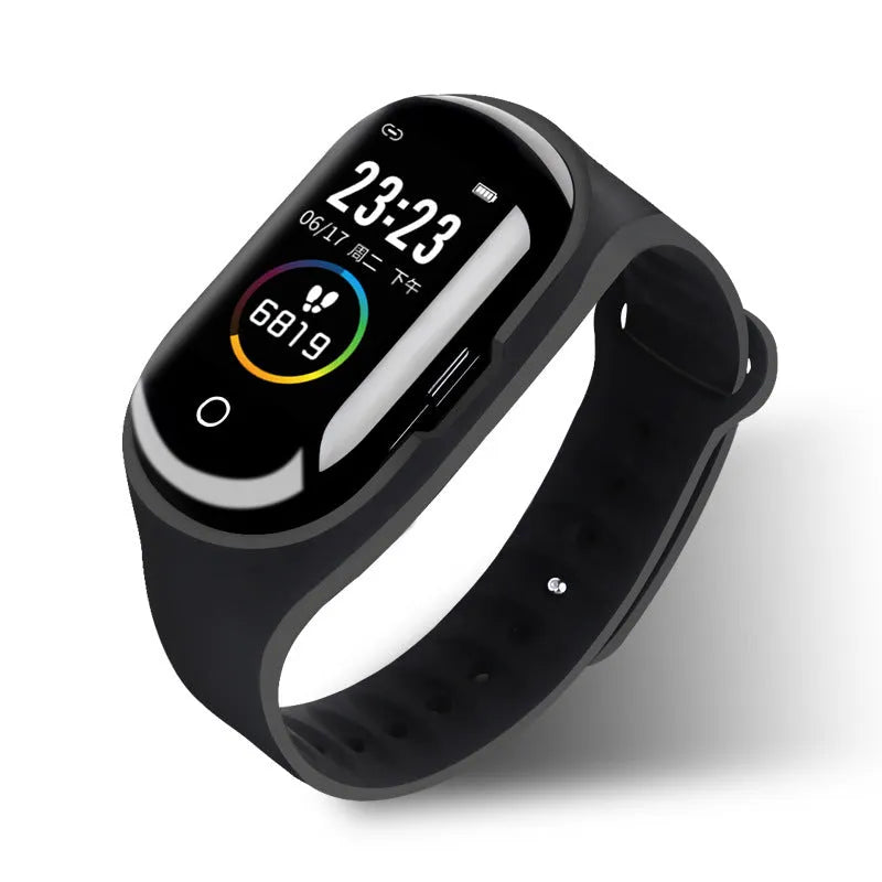 Blue silicone smart bracelet with 1-inch touch screen display and integrated earphones