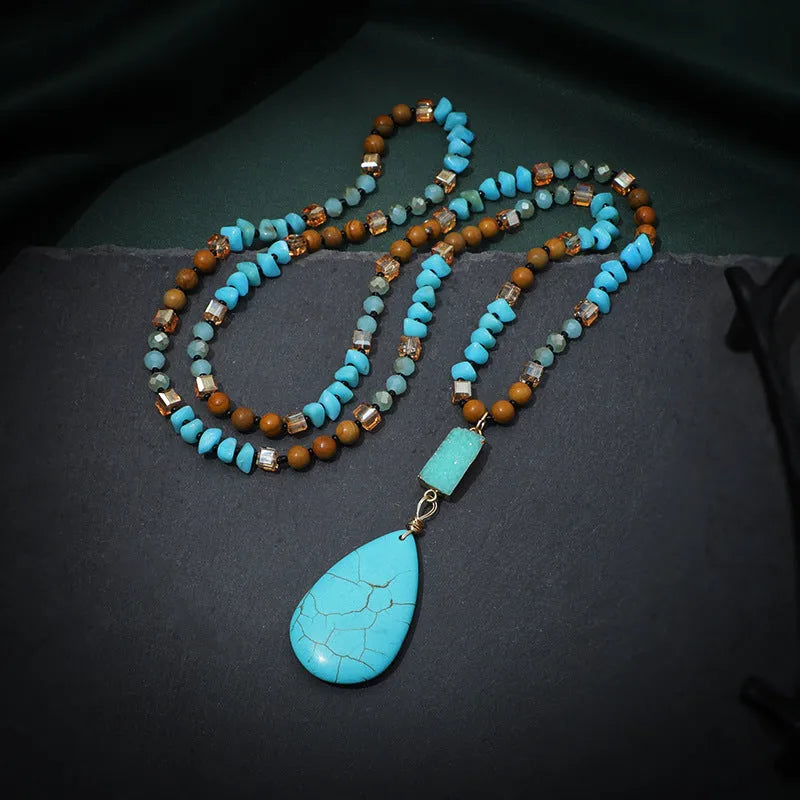 Turquoise blue heart pendant necklace with mixed gem inlay on ball bead chain