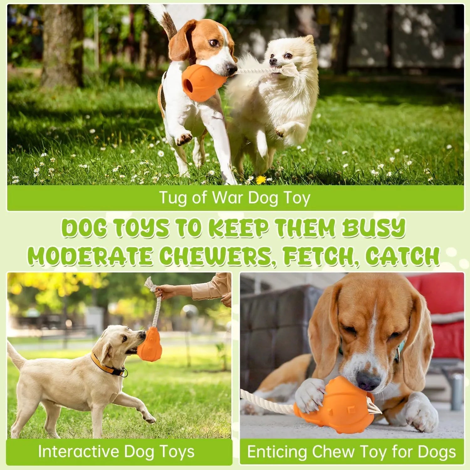 Natural rubber dog chew toy with a long strap and hollow centre for treat dispensing.