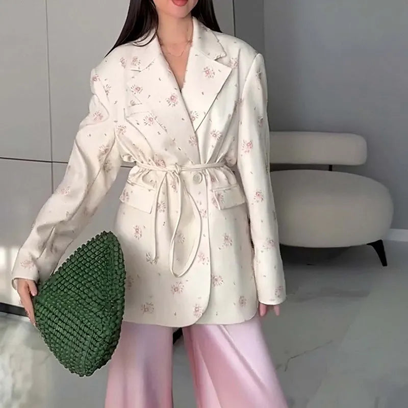 Women's collar lace-up waist-tight suit jacket in a floral print and solid colours.