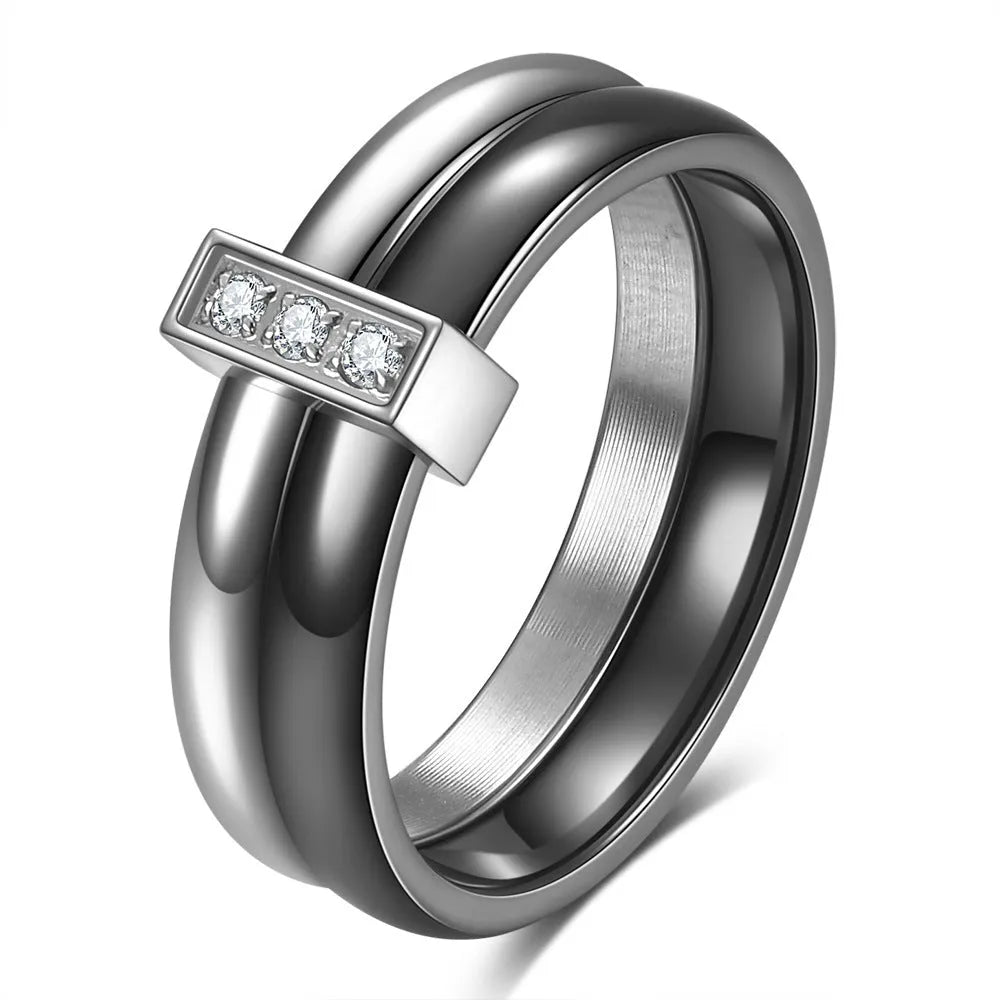 Glossy ceramic ring with zirconium stitching in geometric round shape, steel black colour option