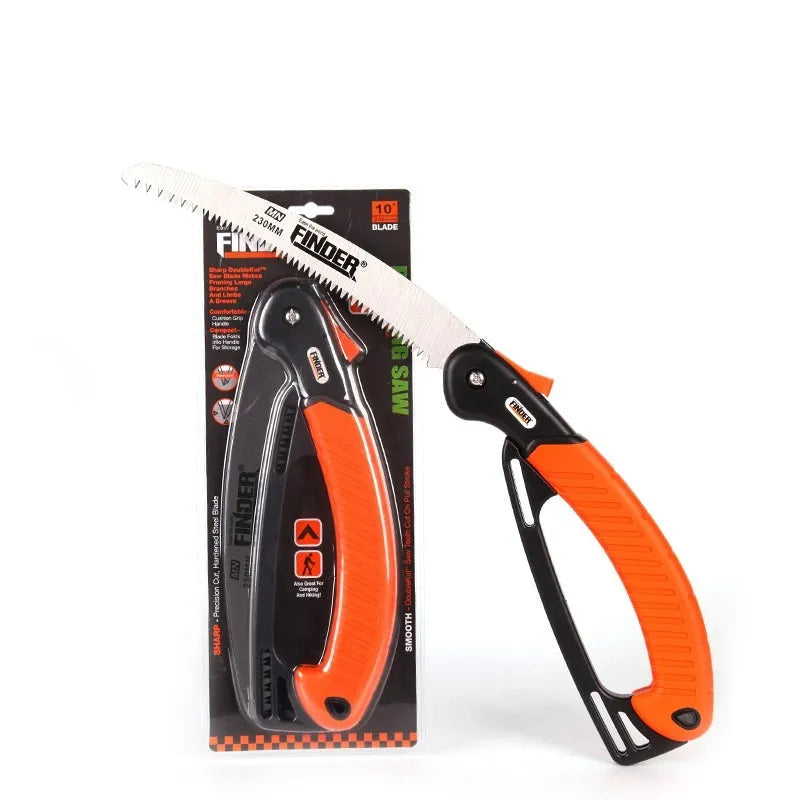 Folding garden saw with 230mm steel blade and textured TPR handle, shown open and closed