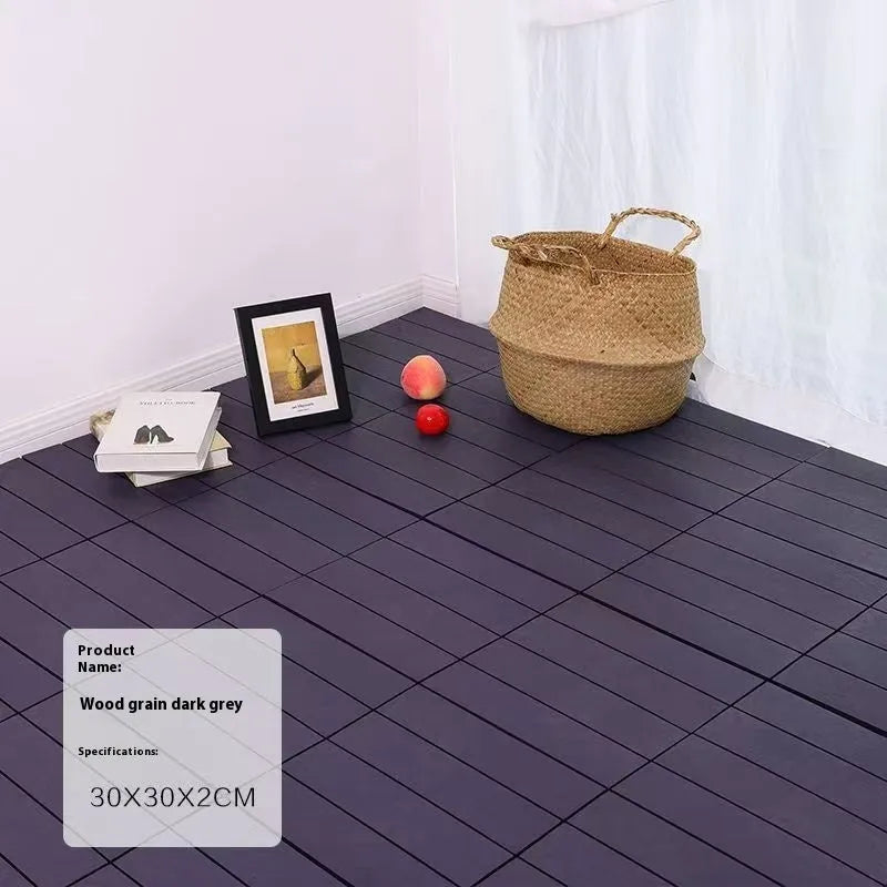 Wood grain plastic floor tiles showing interlocking edges, 300x300mm size with 23mm thickness