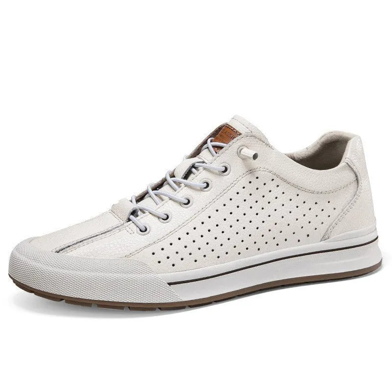 Men's white matte leather casual shoes with flat heel and round toe on a plain background