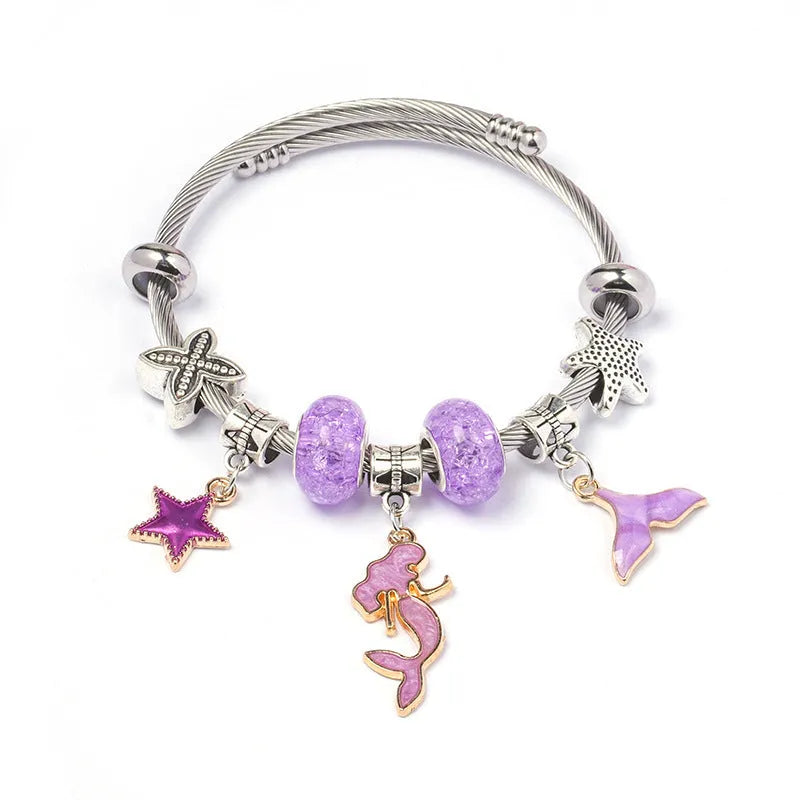 DIY open-end adjustable blue ocean series mermaid pendant bracelet multi-colour beaded alloy jewellery for women